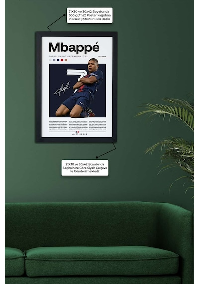 Kylian Mbappé Paris Saint Germain Fc Siyah Çerçeveli Poster Tablo