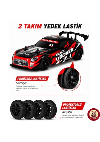Uzaktan Kumandalı Rc Drift Arabası 15 Km Hız Yapan 4x4 Çekiş Şarjlı 3 Adet Drift Kukası Hediyeli Renk Seçenekli Ralli Spoiler Araba Kırmızı
