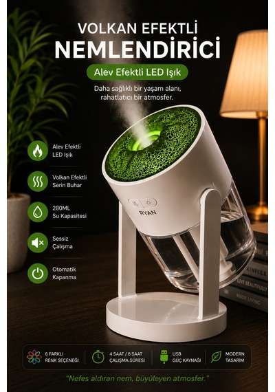 Volkan Efektli Nemlendirici 280ml Led Işıklı Ultrasonik Hava Nemlendirici Sessiz Aroma Difüzör Rt-hm30