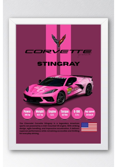 Corvette Stingray Araba Tablosu - Teknik Özellikli Otomobil Poster - Çerçeveli Duvar Dekoru Beyaz