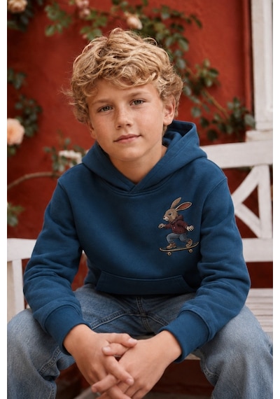 Esila Kids Erkek Çocuk Kapüşonlu Baskılı Sweatshirt Kanguru Cepli Günlük Hoodie Lacivert