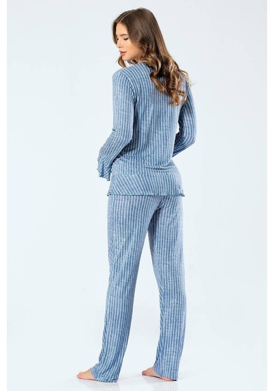Türen Kadın Çizgili Uzun Kollu V Yaka Düğmeli Pijama Takım 001