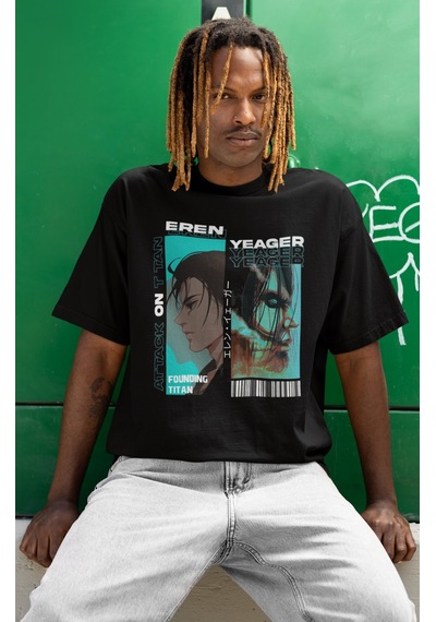 Eren Yeager Founding Titan Baskılı Unisex Oversize Attack On Tita Siyah