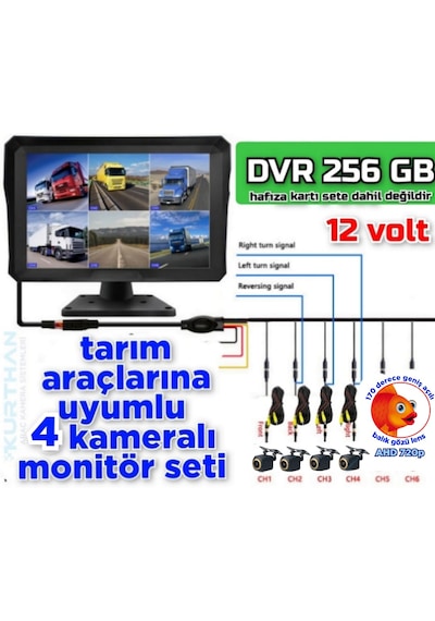 4 Adet 4x3 Cm. 170 Derece Balık Gözü Lens Ahd 720p Kamera Qled Ekran 10'' Dvr 12 V 256 Gb