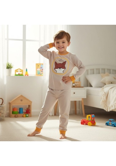 Bonbon Erkek Çocuk Tilki Baskılı Uzun Kollu 2'li Takım Cb1071 Ten Rengi
