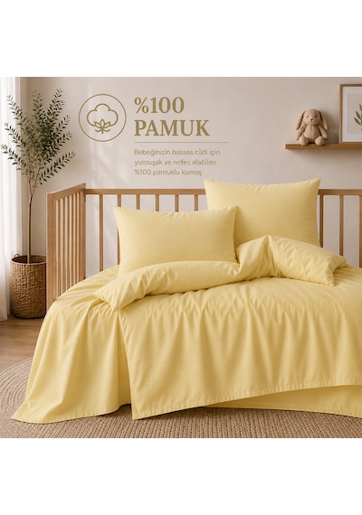 Lief Home %100 Pamuklu Sertifikalı Bebek Nevresim Takımı 100x150 63 Tel Dokuma Kutulu Gönderim Sarı