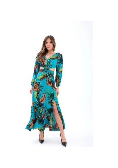 Fashion Cocktail Egzotik Palmiye Desenli Tokalı Göğüs Tasarım Pencereli Yırtmaçlı Uzun Havuz Başı Kokteyl Maxi Elbise Mavi Fashion Cocktail Egzotik Palmiye Desenli Tokalı Göğüs Tasarım Pencereli Yırtmaçlı Uzun Havuz Başı Kokteyl Maxi Elbise Mavi