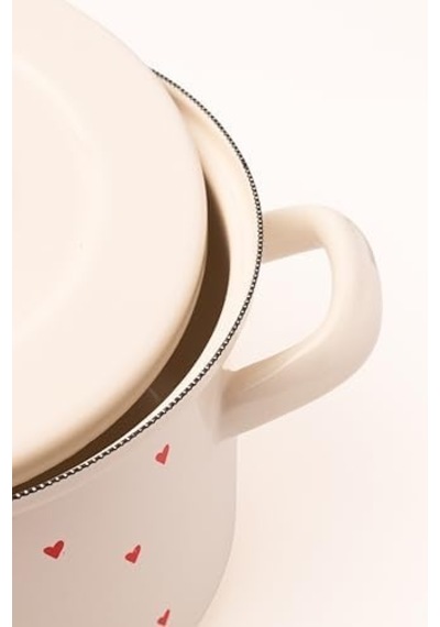 Cupid 20 Cm Tencere, Krem Rengi, Kırmızı Kalp Desenli, Kapaklı, 3 Litre