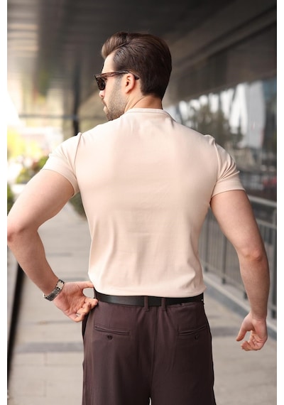 Madmext Bej Yarım Düğmeli Slim Fit Erkek Tişört E7186
