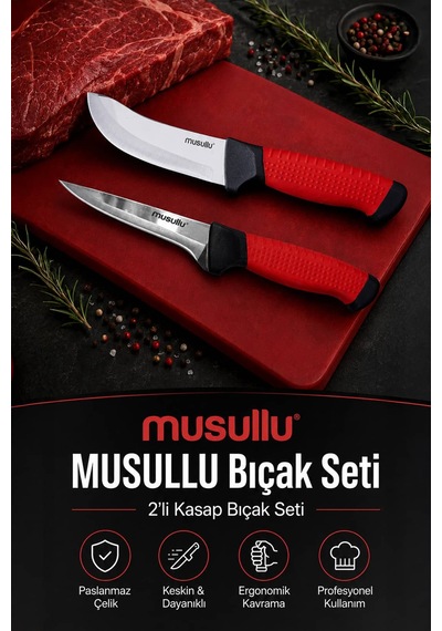 Musullu 2'li Profesyonel Kasap Bıçak Seti Siyah - Kırmızı