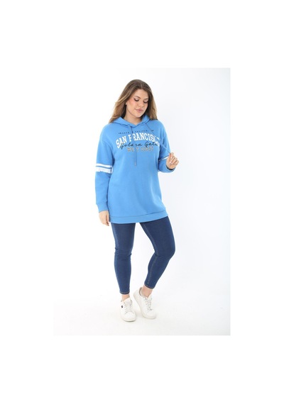 Şans Kadın Büyük Beden Mavi İçi Şardonlu Üç İplik Kapşonlu Sweatshirt 65n37464-mavi Mavi