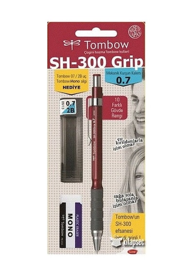 Tombow Sh-300 Grip 0,7 Mm Bordo Uç Silgi Kalem 3pc Seti