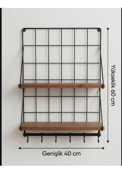 Çift Ahşap Raflı Metal Duvar Rafı 6 Kancalı Mutfak & Banyo Organizer 60 40 Cm Kahverengi
