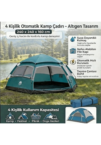 Buffer 4 Kişilik Otomatik Kamp Çadırı Altıgen Tasarım, Çift Kapılı, Suya Dayanıklı, Hızlı Kurulumlu Geniş Aile Outdoo Turuncu