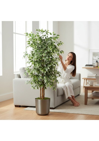 150 Cm Yapay Ficus Metal Saksı 30x30 Dekoratif Ağaç Çok Renkli