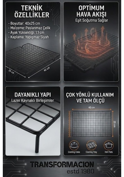 Glaso Teli 40x25 Cm - Paslanmaz Yapışmaz Siyah Fırın Ve Kek Soğutma Standı, Çikolata Izgarası, Çıtır Kurabiye Diğer