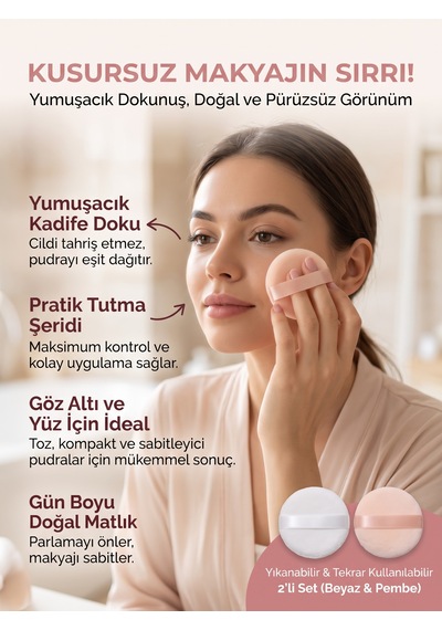 Yumuşak Kadife Pudra Püskülü Makyaj Sungeri Beyaz - Pembe 2'li Set