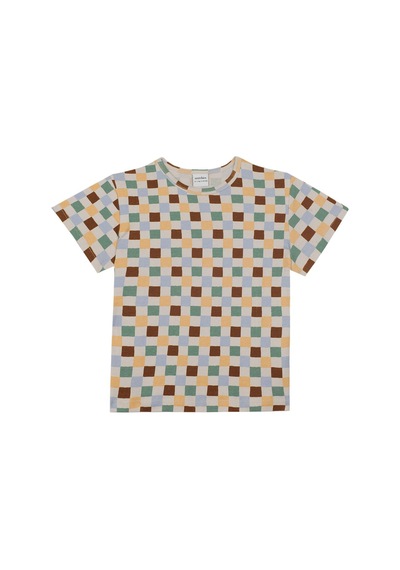 Antebies Organik Gots Sertifikalı Pastel Damalar Desen Bel Lastikli Tshirt Pantolon Erkek Çocuk Pijama Takımı Bej