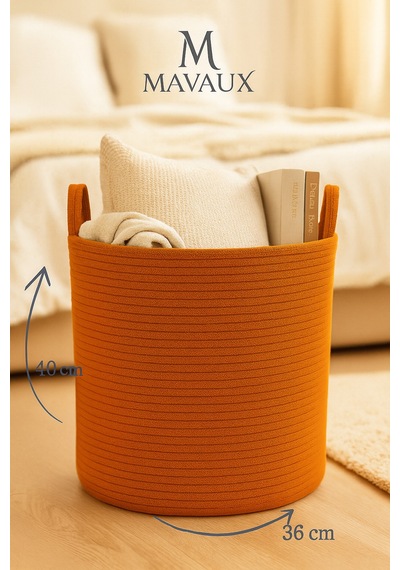 Mavaux El İşçiliği Dokulu Büyük Boy Sepet 40 X 36 Cm Dekoratif Ev Düzeni, Oyuncak Ve Çamaşır Organizer Turuncu