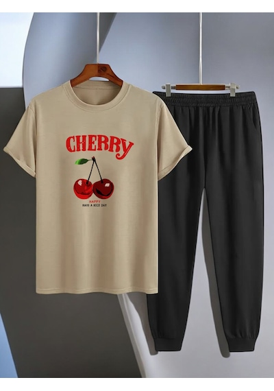Uyguntarz Unisex Happy Cherry Tasarım Basklı Tshirt Eşofman Takımı Bej