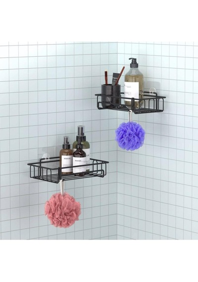 Banyo Düzenleyici Yapışkanlı Metal Banyo Ve Dolap Rafı İkili Duş Rafı Organizer Şampuanlık Mat Siyah-gnrl242 Siyah