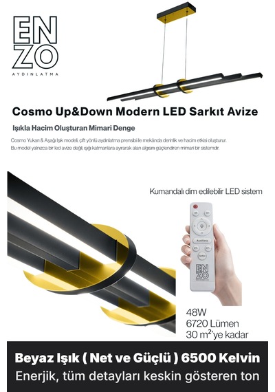 Cosmo Gold Lineer Led Sarkıt Avize Kumandalı Dim Edilebilir Yukarı & Aşağı Işık Beyaz Işık