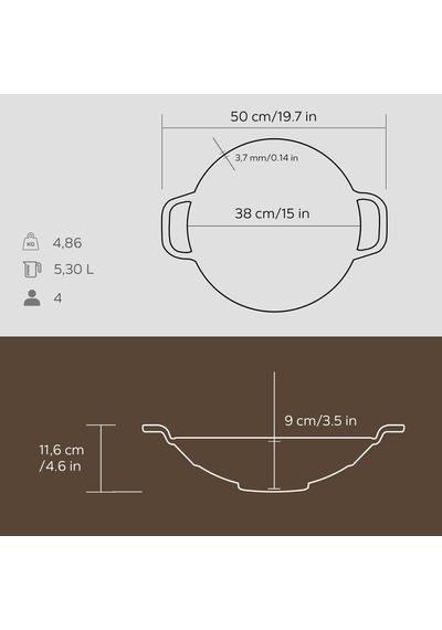 Lava Döküm Wok Tava, Metal Kulplu, 38cm, Siyah Genel
