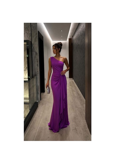 Lior Design Kadın Sade Tek Omuz Kemerli Maxi Abiye Elbise Mor