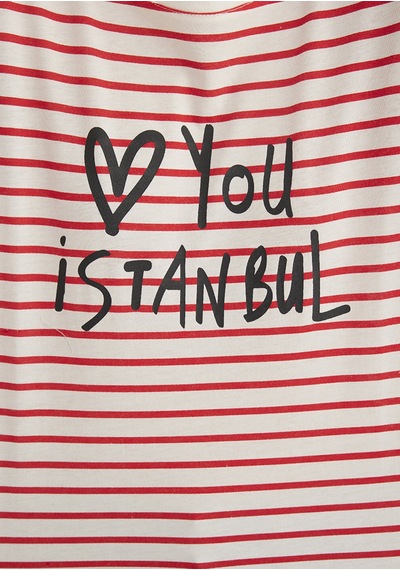 Mavi - Love You Baskılı Çizgili Istanbul Tişört 167986-26829 Beyaz
