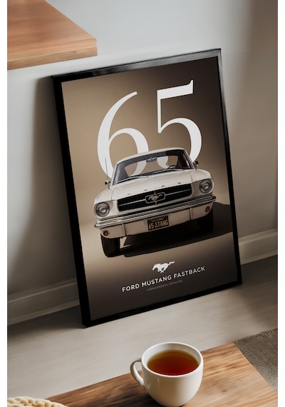 Ford Mustang Fastback Siyah Ahşap Çerçeveli Poster, Dekoratif Araba Duvar Tablosu