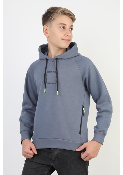 Kapüşonlu Fermuarlı Cepli Erkek Çocuk Sweatshirt-90916 İndigo