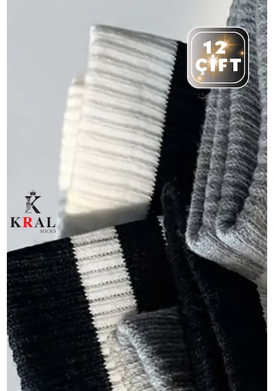 Kral Socks Erkek Kadın 12 Çift Çizgili Kolej Tenis Çorabı Pamuklu Terletmez Çorap Asorti