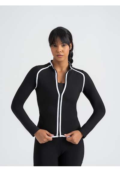 Lismina Lineedge Zip Beyaz Biyeli Siyah Uzun Kollu Spor Ceket Siyah - Beyaz