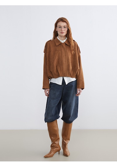 Lcw Vision Kahverengi Gömlek Yaka Oversize Kadın Süet Görünümlü Ceket Xl-2xl