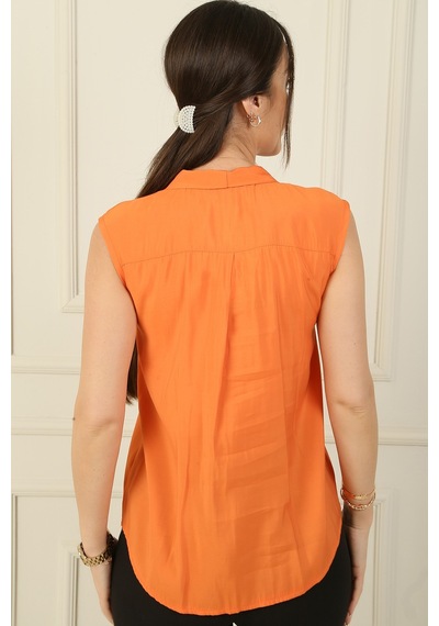 By Saygı V Yaka Taş Detaylı Bluz Oranj