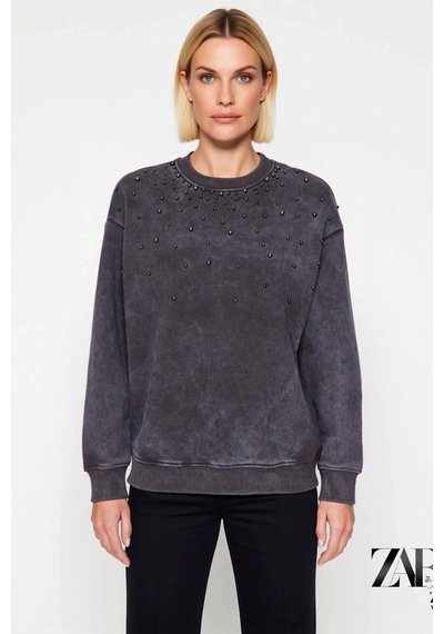 Benerly Kadın Bisiklet Yaka Düşük Kol Eskitme Efektli Regular Sweatshirt Antrasit