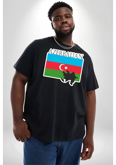 Angemiel Azerbeycan Bayrak Ülke Siyah Büyük Beden Erkek Kadın Unisex Basic Ön Baskılı Tişört Siyah
