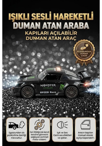 3 Buton Fonksiyonlu Işıklı Müzikli Sesli Sürtmeli Duman Atan Kapıları Açılan Porsche Oyuncak Araba Siyah