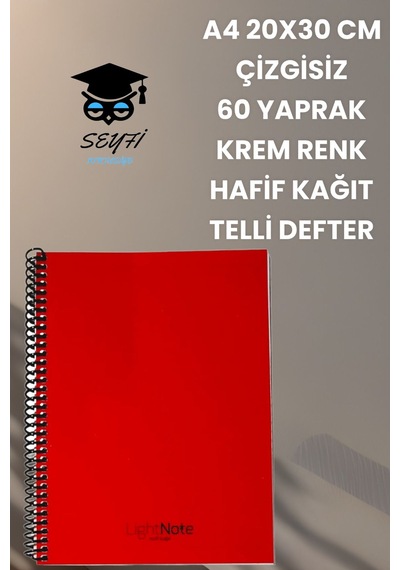 A4 20x30 Cm Çizgisiz 60 Yaprak Telli Plastik Kapak Hafif Defter Light Book Krem Renk Kağıt Kırmızı