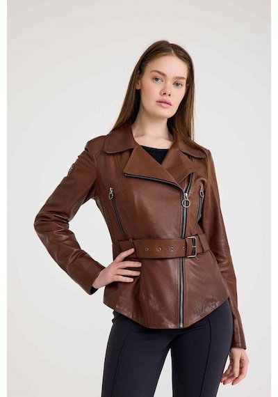 Regular Biker Bayan Deri Ceket Vb-7 Bk-1653 - 20303 Kahverengi