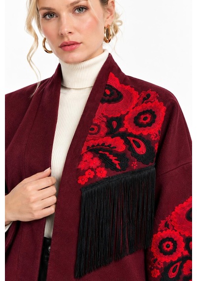 Saade Bordo Etnik Çiçek Nakışlı Püsküllü Kimono Ceket