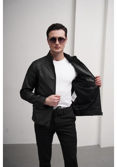 Modefendi Slim Fit Kalıp Hakim Yaka Ribanası Asimetrik Model İthal Deri Mont Siyah