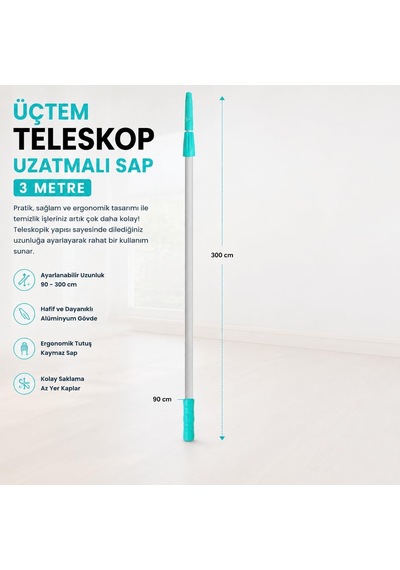 Üçtem 3 Metre Teleskopik Uzatma Sapı Mop, Cam Silme Ve Fırça Uyumlu Ayarlanabilir Alüminyum Temizlik Sapı H