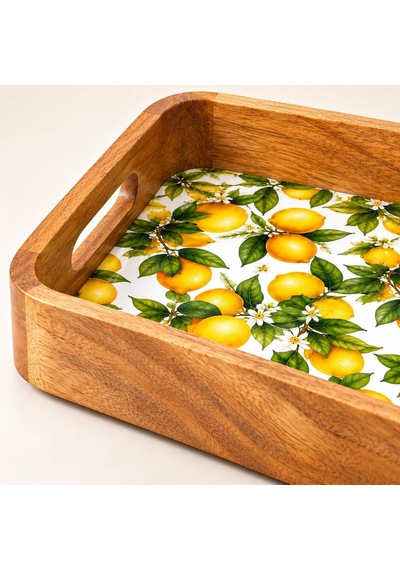 Mango Ağacı Dikdörtgen Servis Tepsisi, 33 X 22 X 4,70 Cm Limon Desenli Ahşap Sunum Tepsisi, Yüksek Kenarlı Kahvalt
