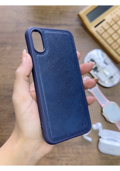 Apple iPhone X Uyumlu Premium Deri Dokulu Darbelere Karşı Dayanıklı Nazal Silikon Kılıf Lacivert