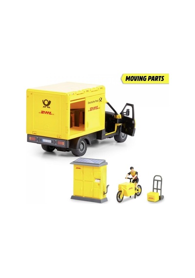203747020 Dickie Dhl Delivery Set Freewheel Delivery Vehicle Packaging Statio