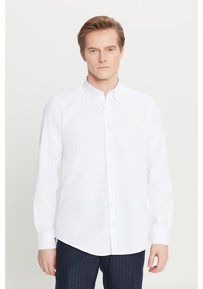 Altınyıldız Classıcs Erkek Beyaz Pamuklu Tailored Slim Fit Dar Kesim Gizli Düğmeli Yaka Armürlü Gömlek