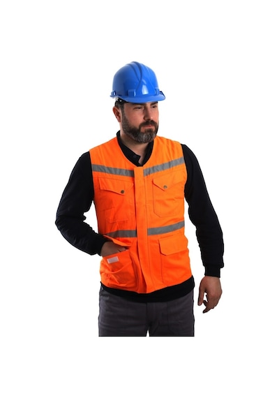 Eser - V Yaka Fosforlu Harman Kumaş Yelek - Turuncu