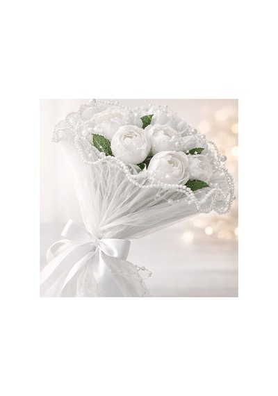 İncili Beyaz Gelin Buketi Şakayık Yapay Çiçekli Tüllü Saten Kurdeleli Nikah & Düğün Çiçeği - 861873960 Diğer