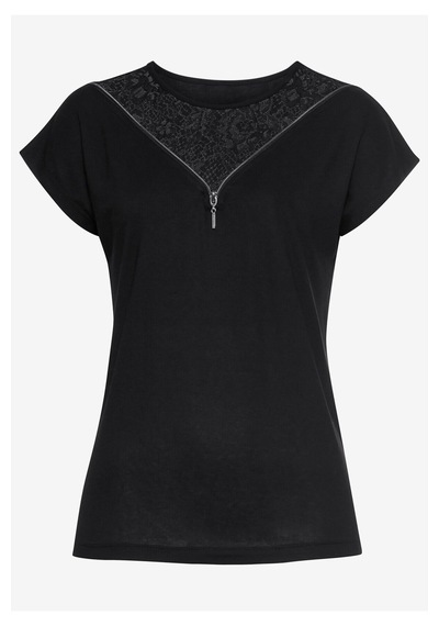 Mamayaga Kadın Dantel Ve Fermuar Yaka Kısa Kol Yakası Güpür Detay Şık Tshirt Bluz Limon